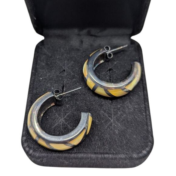 CNA 925 Sterling Silver Italy Yellow Inlay Hoop Earrings 0.5oz Modern Design - Picture 3 of 4